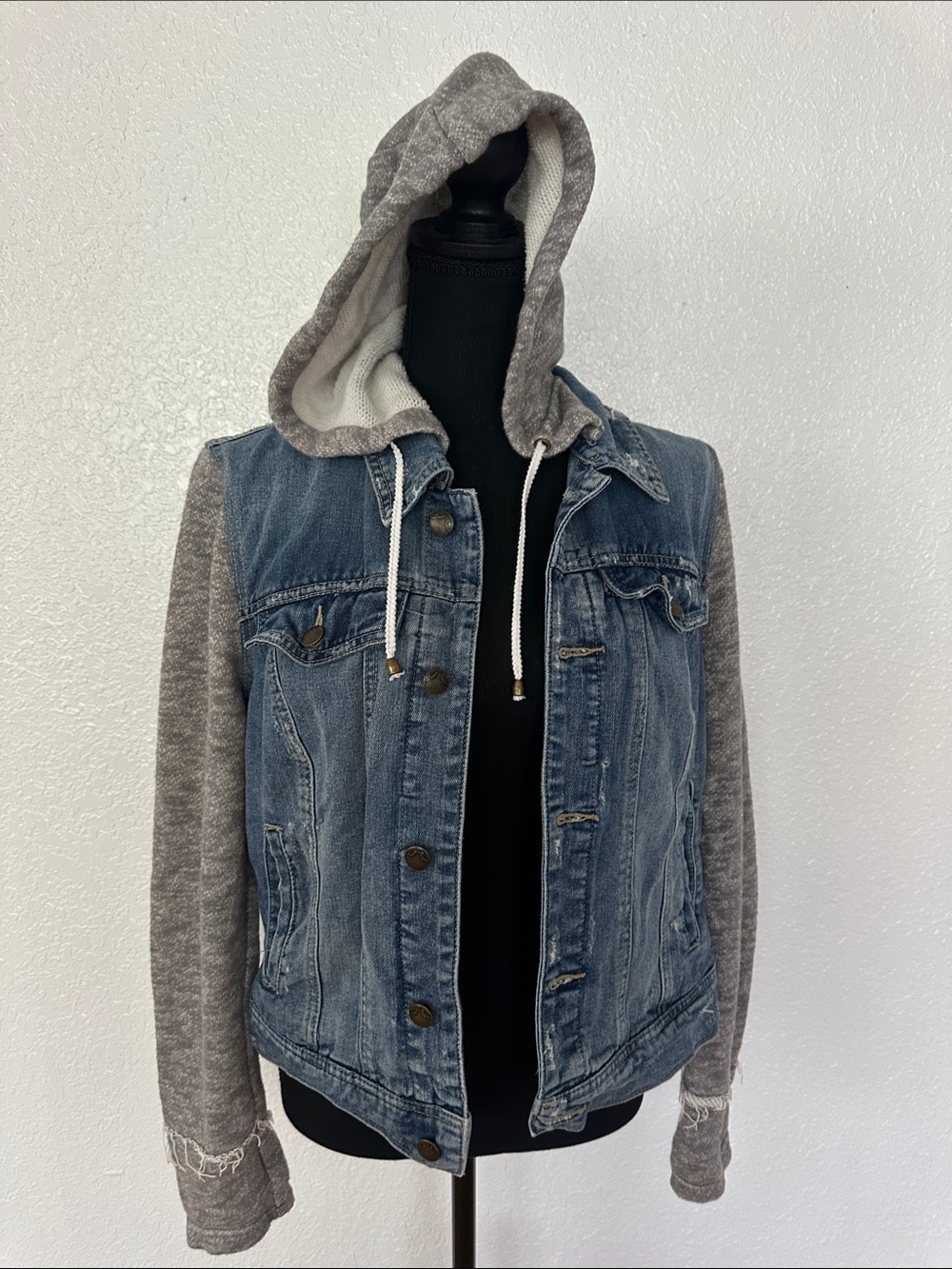 Free People Blue Denim Jacket with Grey Knit Hood & Sleeves